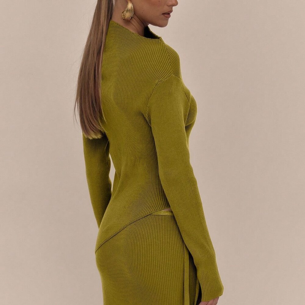 Olive Green Casual Asymmetrical Women's Ribbed Knit Sweater - Picture 2 of 5
